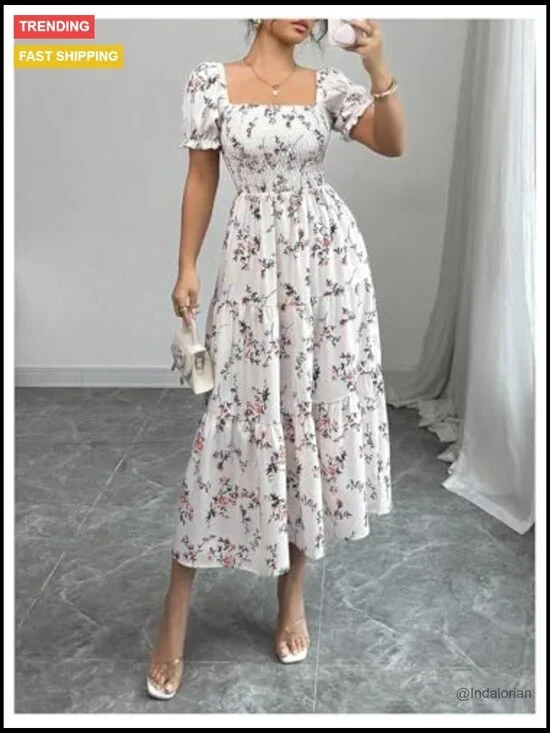 Floral Puff Sleeve Square Neck Smocked Tiered Ruffle Midi Dress - Picture 5 of 6